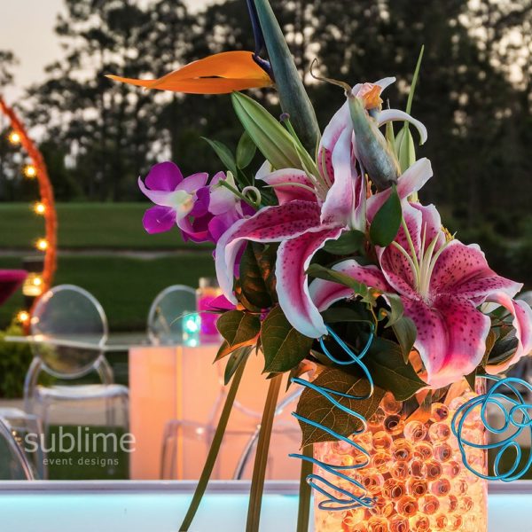 lily and bird of paradise centerpiece